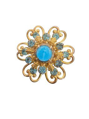 Vintage Gold-Tone Brooch Pin Blue Rhinestones & Central Religious Figure
